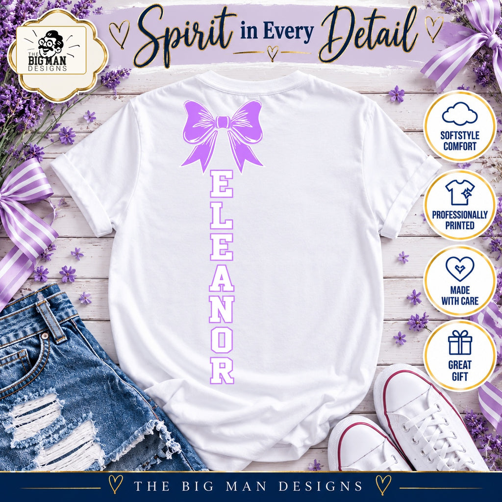 Centered Eleanor vertical bow back print with comfort, printing, care and gift benefit badges