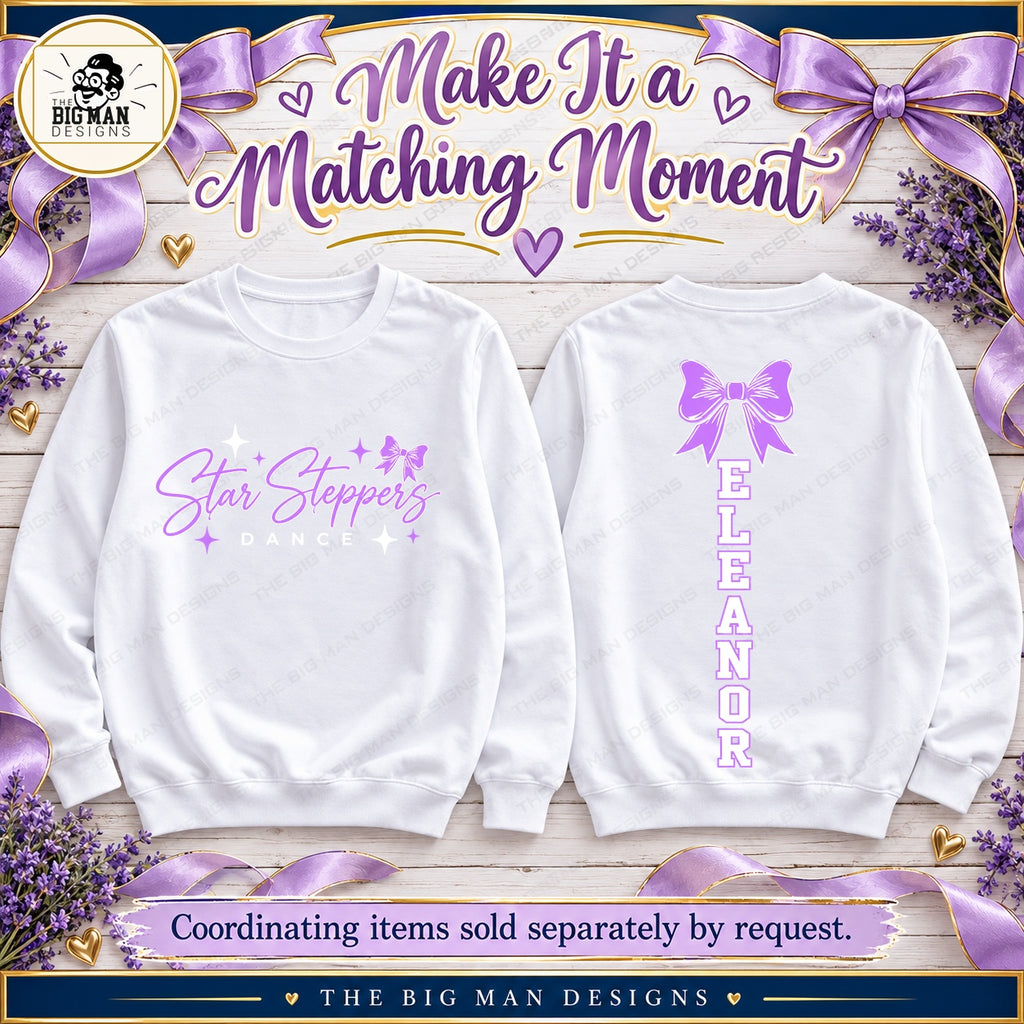 Coordinating Star Steppers sweatshirt front and vertical Eleanor bow back, sold separately by request
