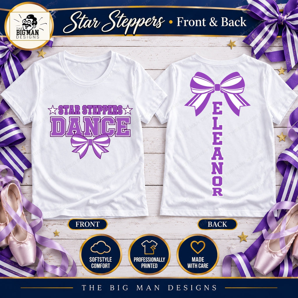 Front and back of white Star Steppers varsity dance bow shirt with Eleanor vertically centered down back