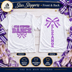 Front and back of white Star Steppers varsity dance bow shirt with Eleanor vertically centered down back