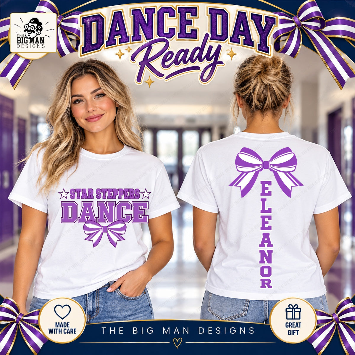 Two women showing purple varsity dance bow front print and Eleanor striped bow center back design
