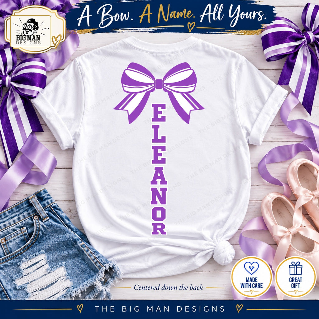 Purple striped bow and Eleanor varsity letters printed vertically down the center of shirt back