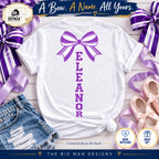 Purple striped bow and Eleanor varsity letters printed vertically down the center of shirt back