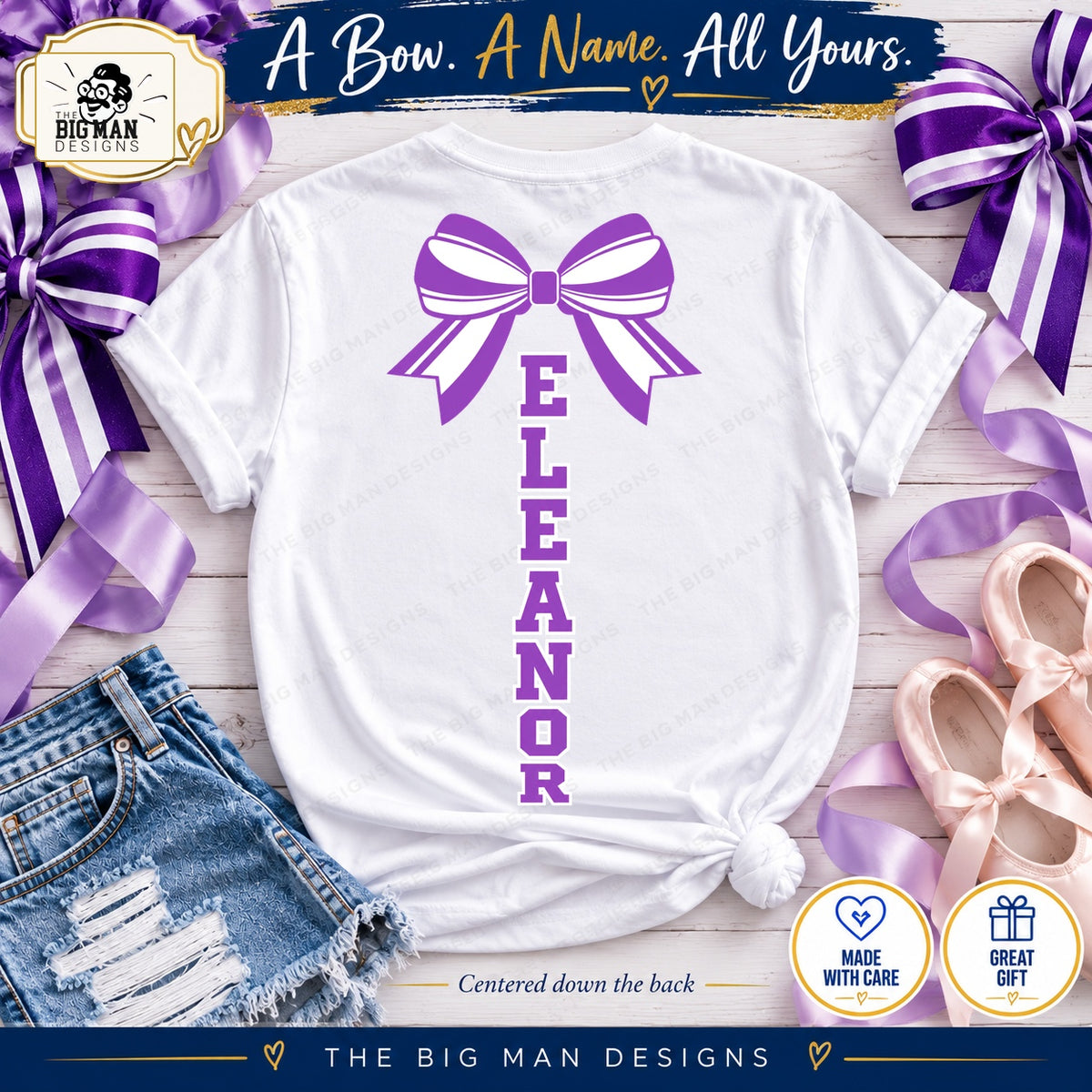 Purple striped bow and Eleanor varsity letters printed vertically down the center of shirt back