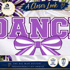 Close-up of original purple varsity DANCE lettering, white outlines and striped bow print