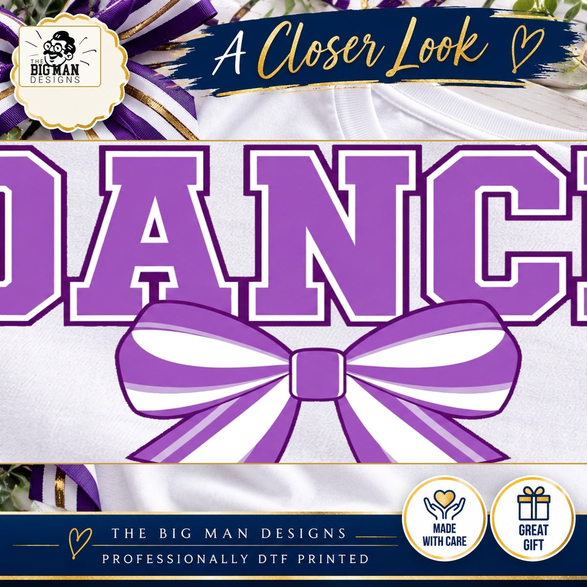 Close-up of original purple varsity DANCE lettering, white outlines and striped bow print