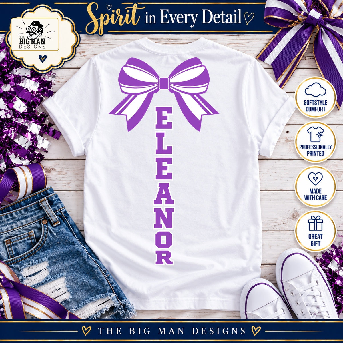 Eleanor vertical striped bow back print with comfort, professional printing, care and gift badges