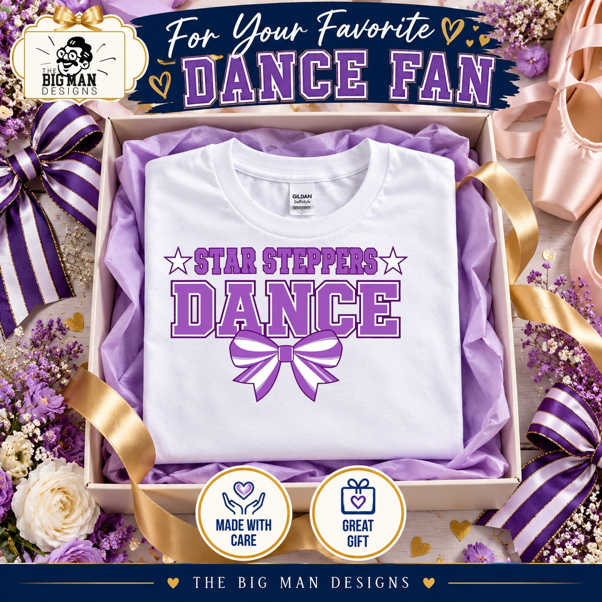 Star Steppers purple varsity dance bow shirt in a lavender tissue gift box