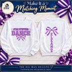 Coordinating sweatshirt front and centered Eleanor vertical bow back, sold separately by request