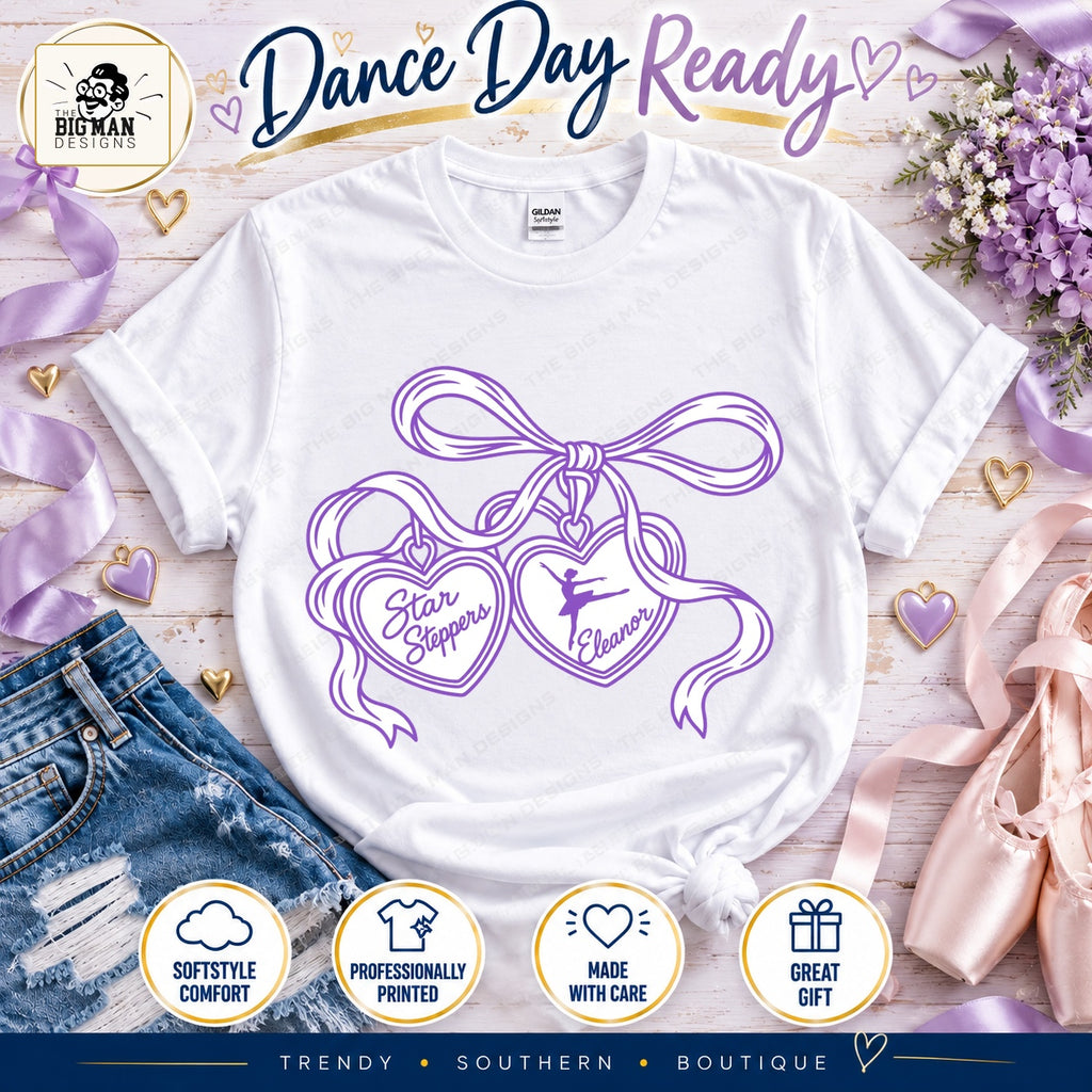 White Star Steppers Eleanor heart charms shirt with purple ribbon bow and ballerina front print