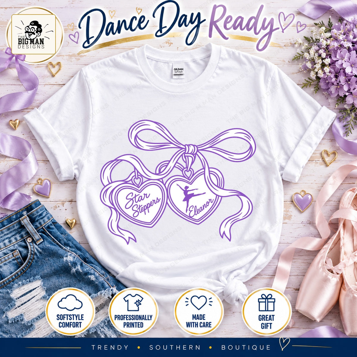 White Star Steppers Eleanor heart charms shirt with purple ribbon bow and ballerina front print