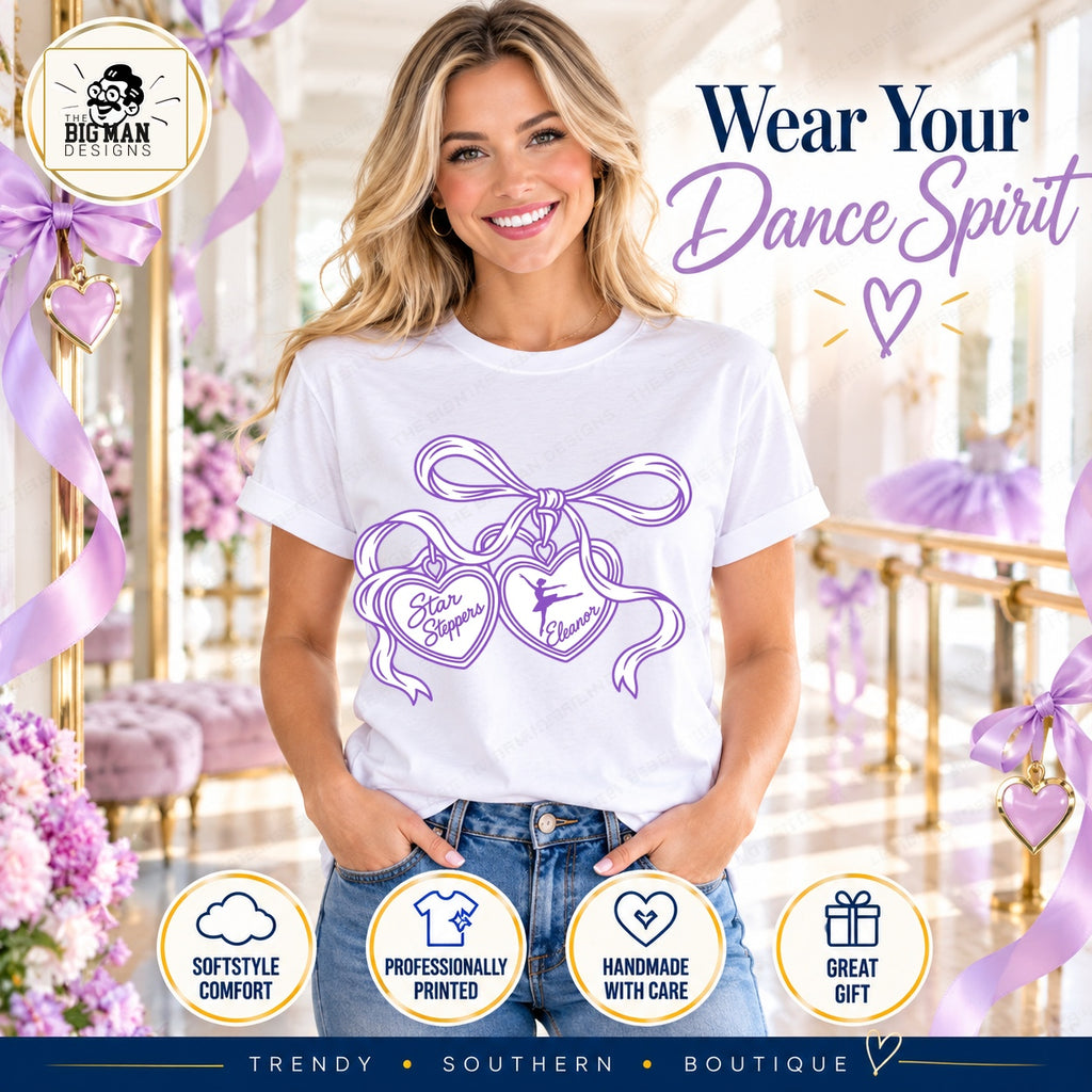 Woman wearing Star Steppers Eleanor heart charms dance tee in a ballet studio