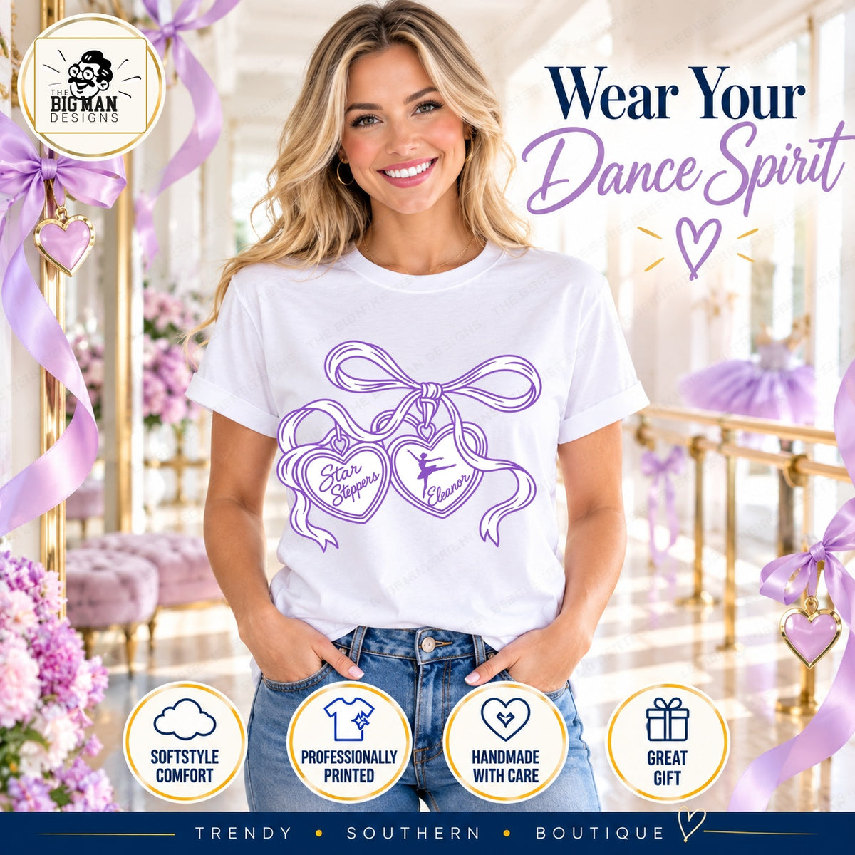 Woman wearing Star Steppers Eleanor heart charms dance tee in a ballet studio