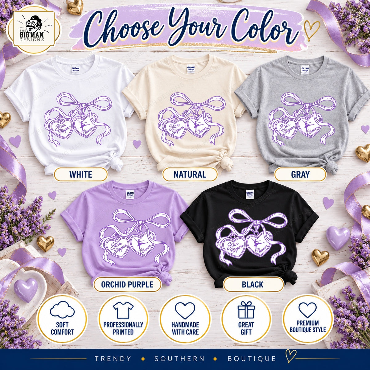 Heart charms dance shirt in White, Natural, Gray, Orchid Purple and Black