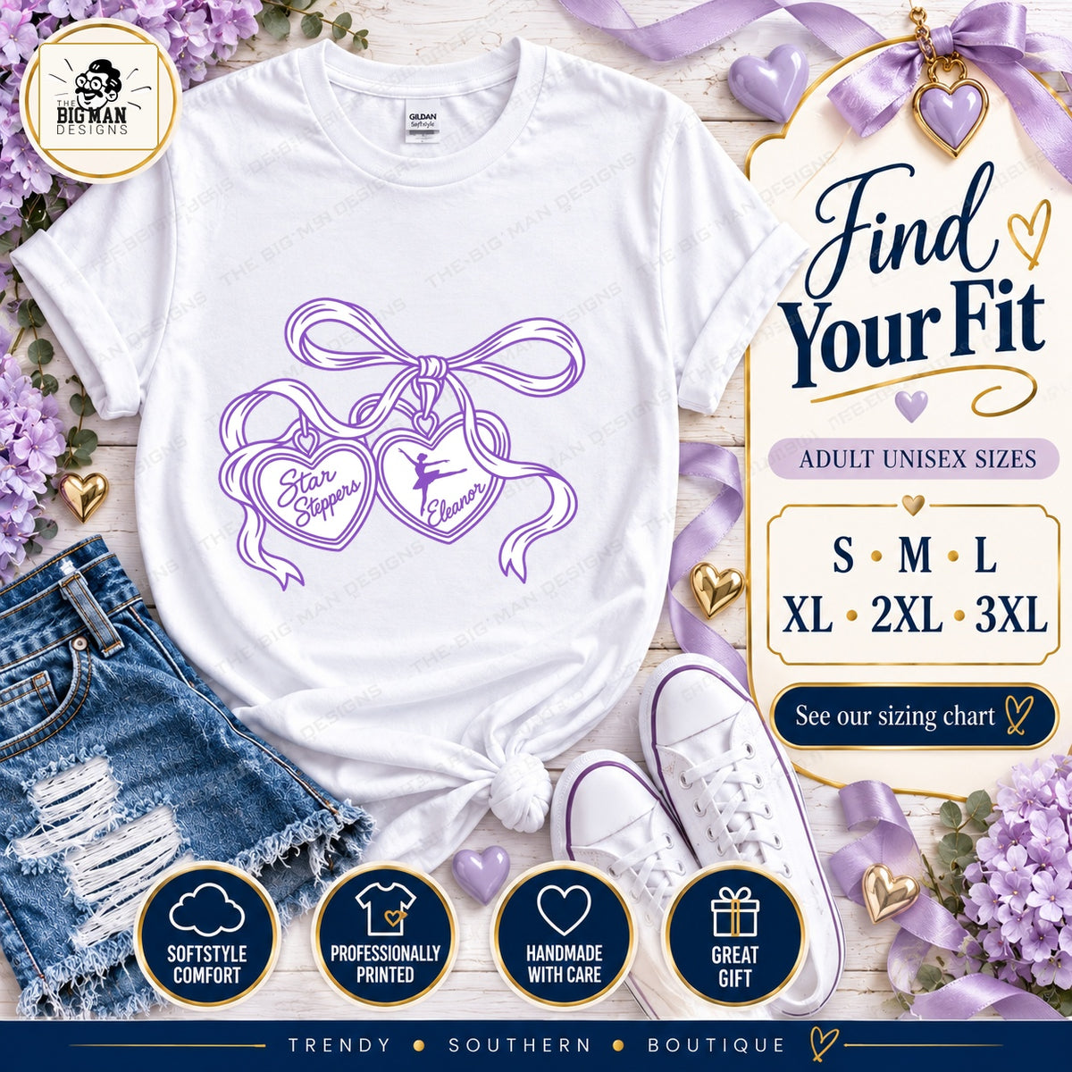 Star Steppers heart charms tee adult unisex sizes S through 3XL