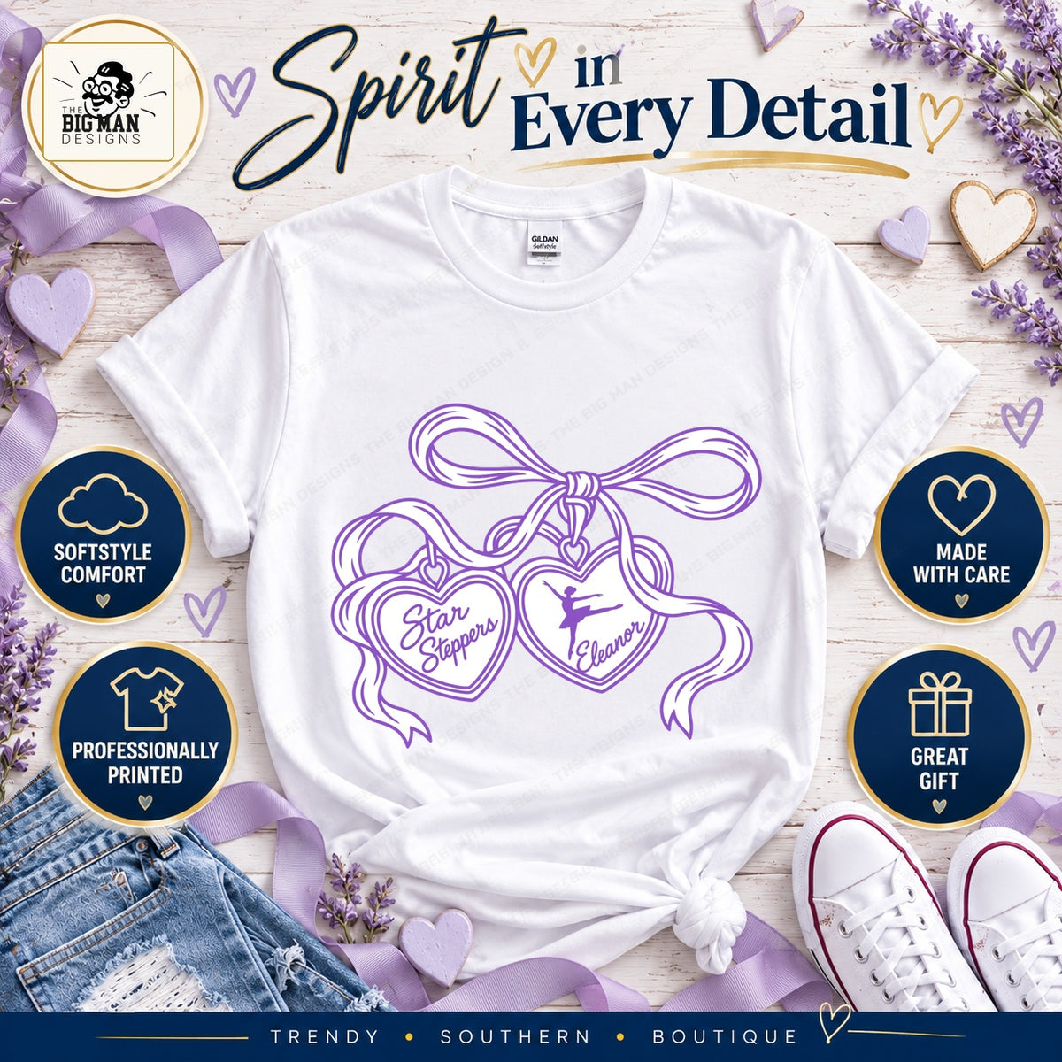 Heart charms dance tee with comfort, professional printing, care and gift benefit badges