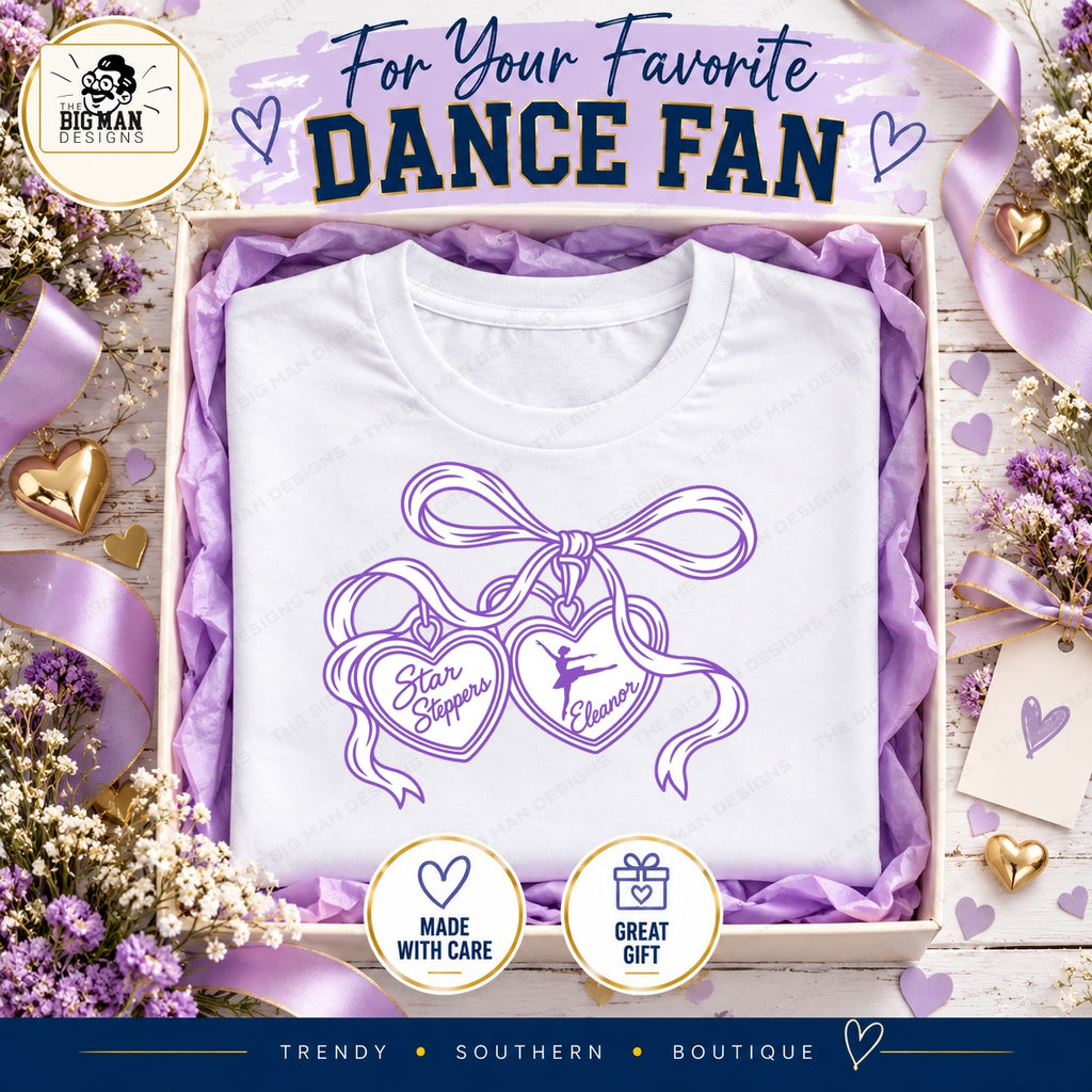 Star Steppers Eleanor heart charms shirt styled as a gift in lavender tissue
