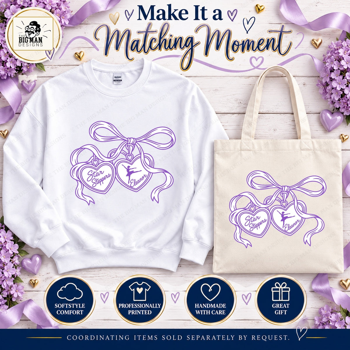 Coordinating heart charms sweatshirt and tote, sold separately by request