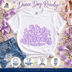 White Star Steppers Dance script shirt with pale lavender lettering and purple sparkle details
