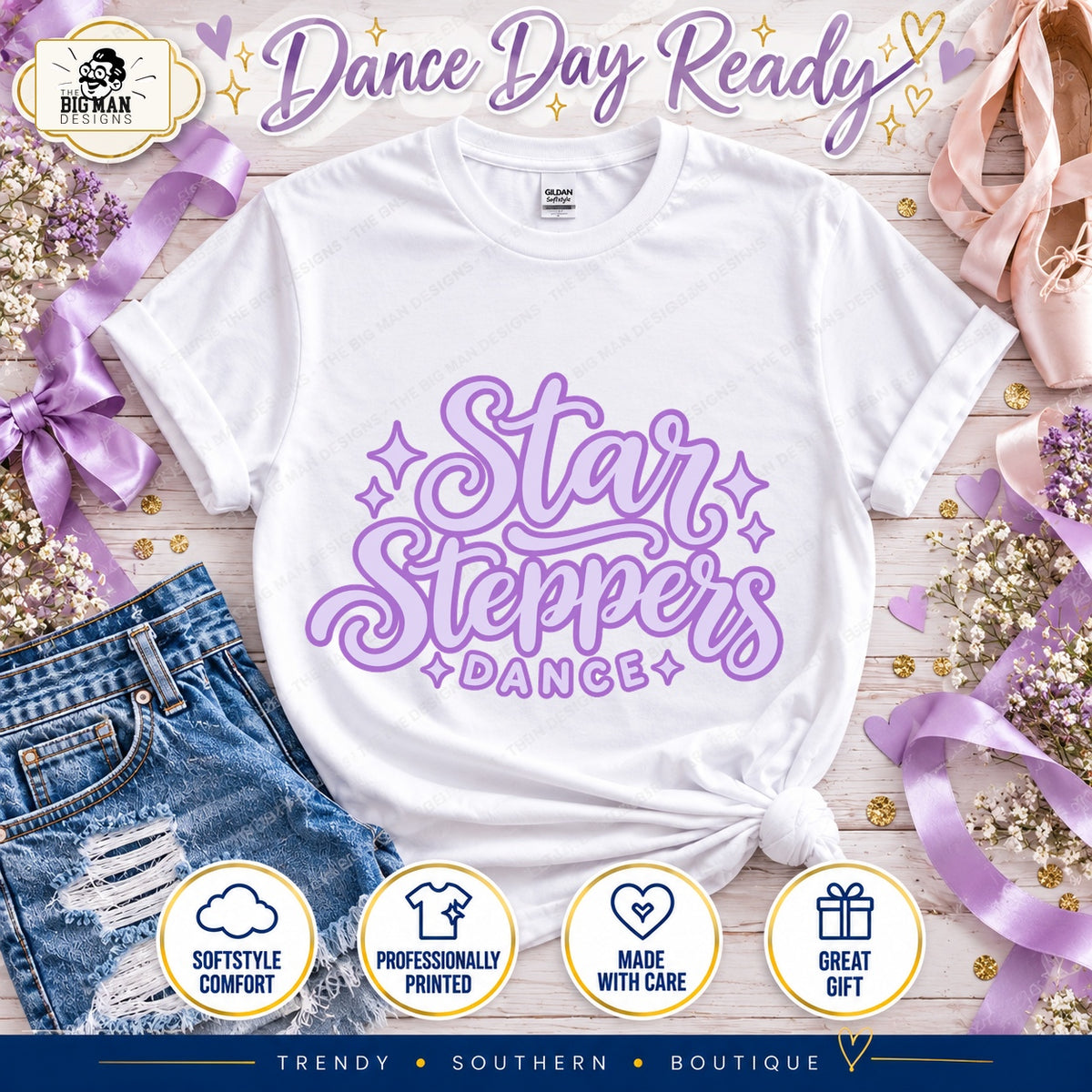 White Star Steppers Dance script shirt with pale lavender lettering and purple sparkle details