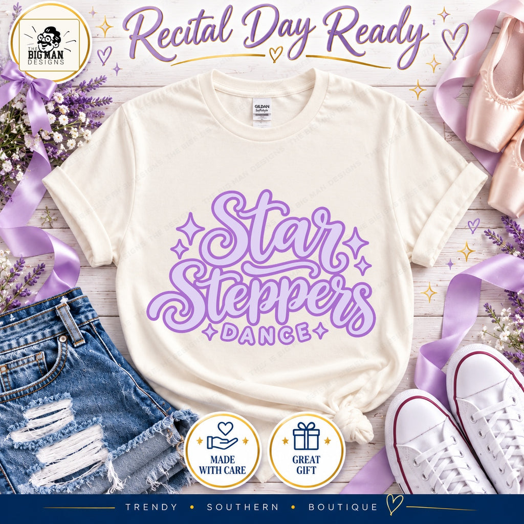 Natural cream Star Steppers script dance tee styled with ballet accessories