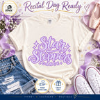 Natural cream Star Steppers script dance tee styled with ballet accessories