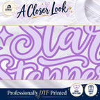 Close-up of original lavender and purple Star Steppers script lettering and sparkle print