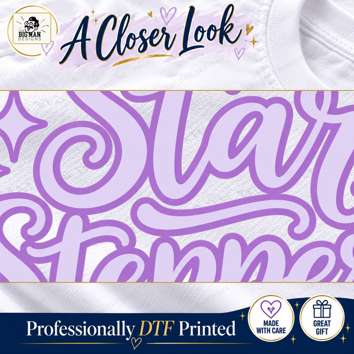 Close-up of original lavender and purple Star Steppers script lettering and sparkle print