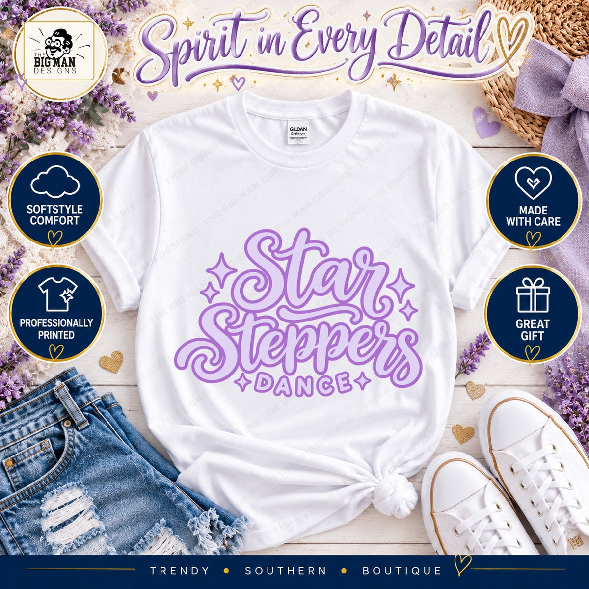 Star Steppers script tee with comfort, professional printing, care and gift benefit badges