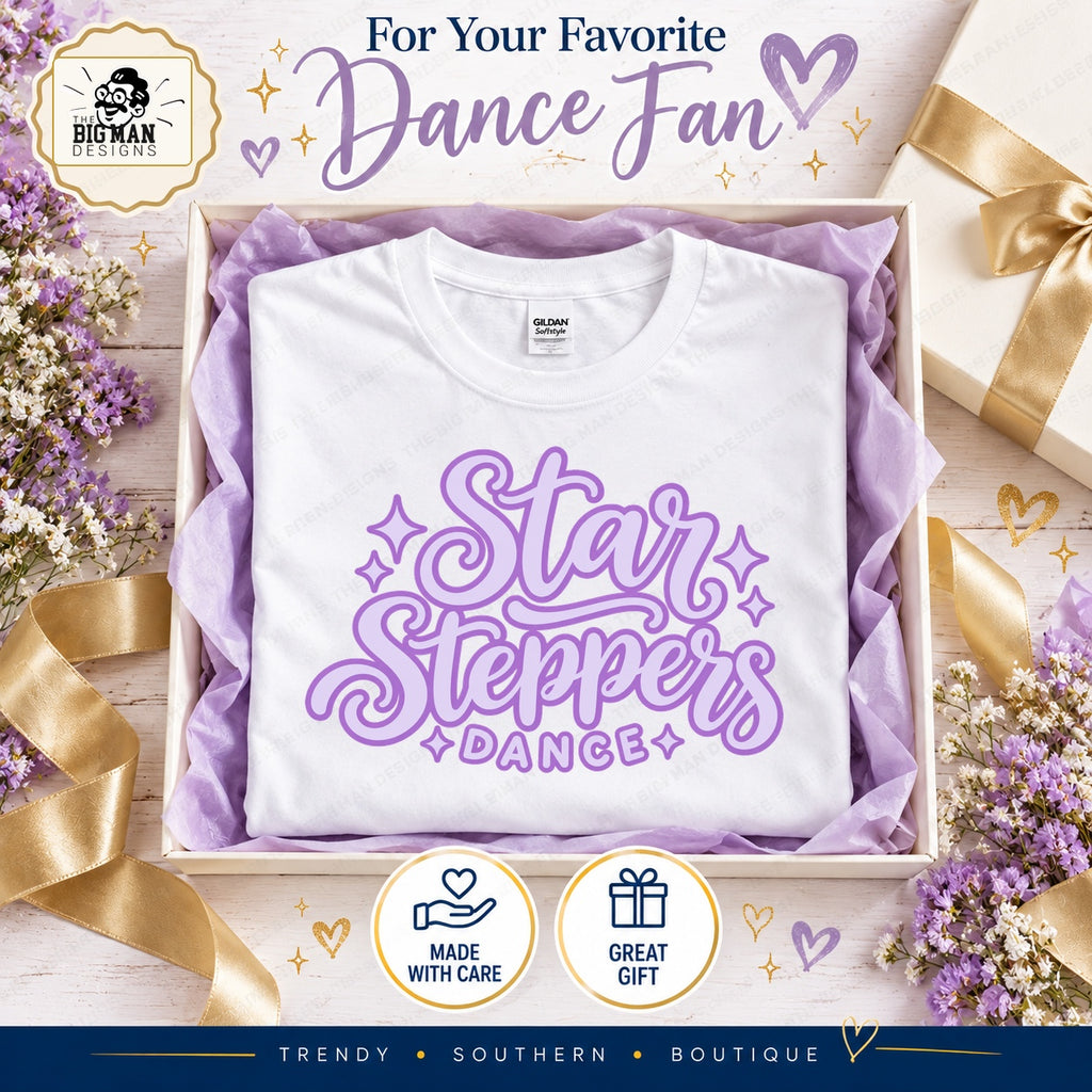 Lavender Star Steppers script dance shirt styled in an ivory gift box