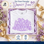 Lavender Star Steppers script dance shirt styled in an ivory gift box
