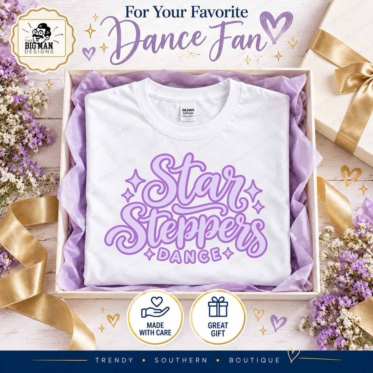 Lavender Star Steppers script dance shirt styled in an ivory gift box