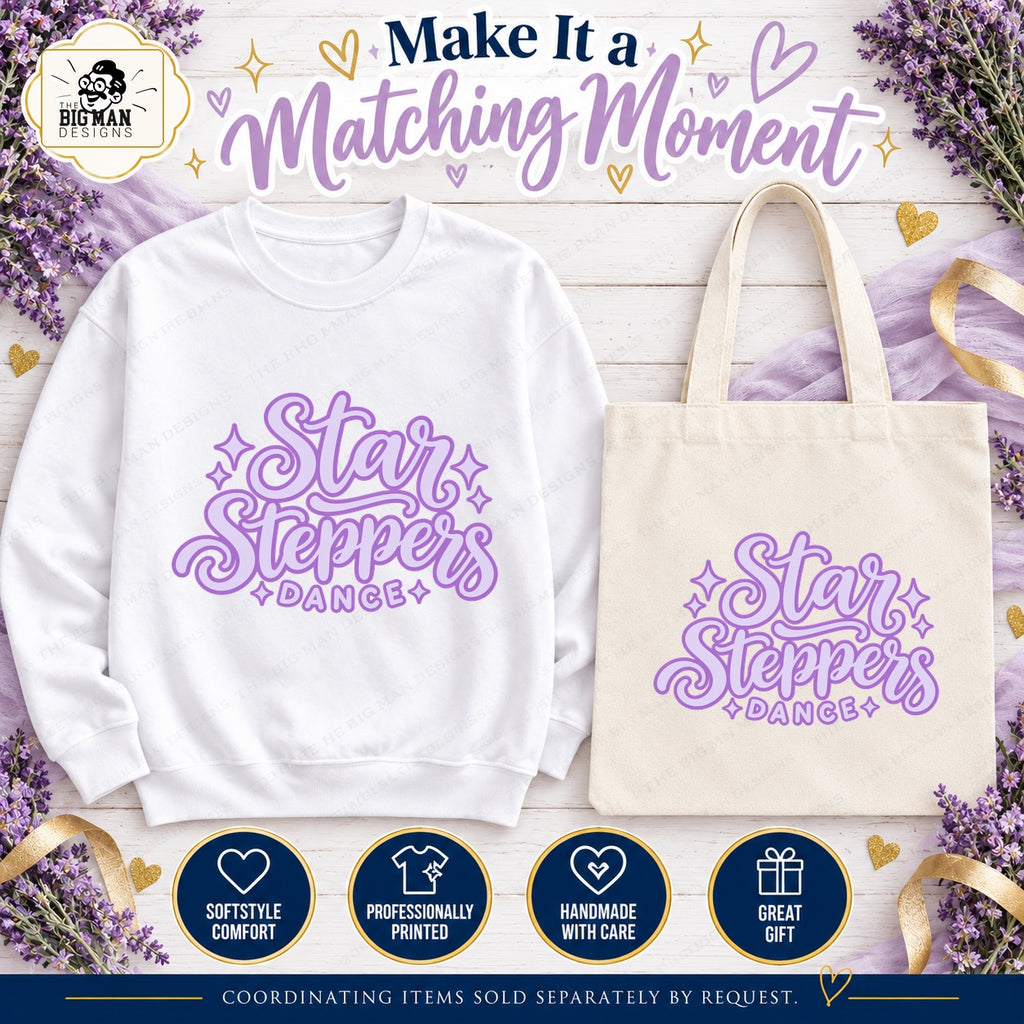 Coordinating Star Steppers script sweatshirt and tote, sold separately by request