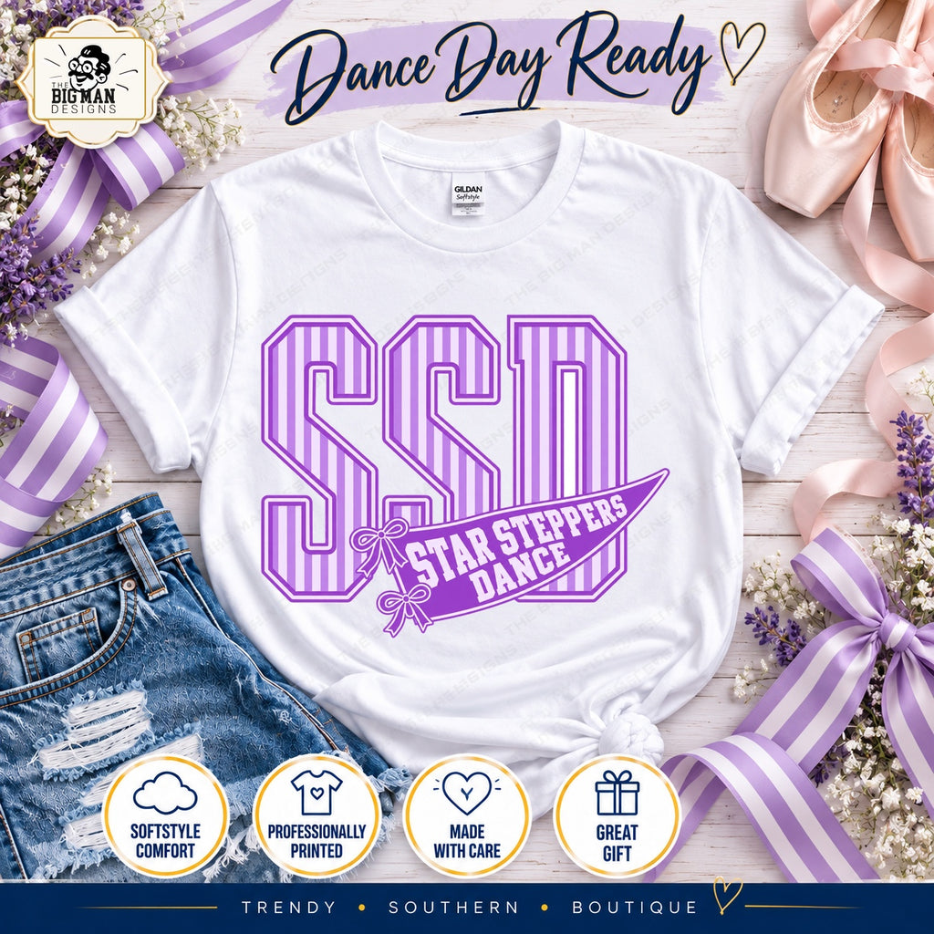 White Star Steppers Dance shirt with purple striped varsity letters, pennant and bow front print