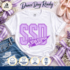 White Star Steppers Dance shirt with purple striped varsity letters, pennant and bow front print