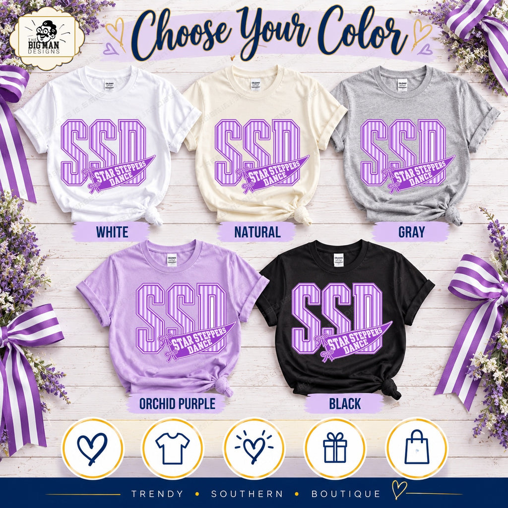 Star Steppers varsity pennant shirt in White, Natural, Gray, Orchid Purple and Black