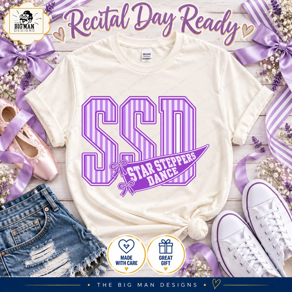 Natural cream Star Steppers Dance pennant tee styled with striped purple ribbon