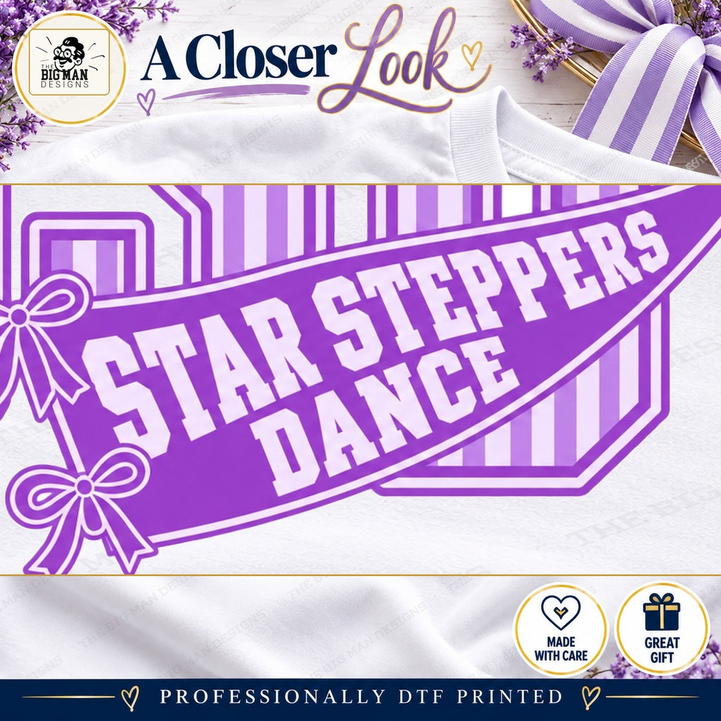 Close-up of original Star Steppers Dance pennant lettering, striped varsity letters and small bows