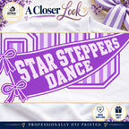 Close-up of original Star Steppers Dance pennant lettering, striped varsity letters and small bows