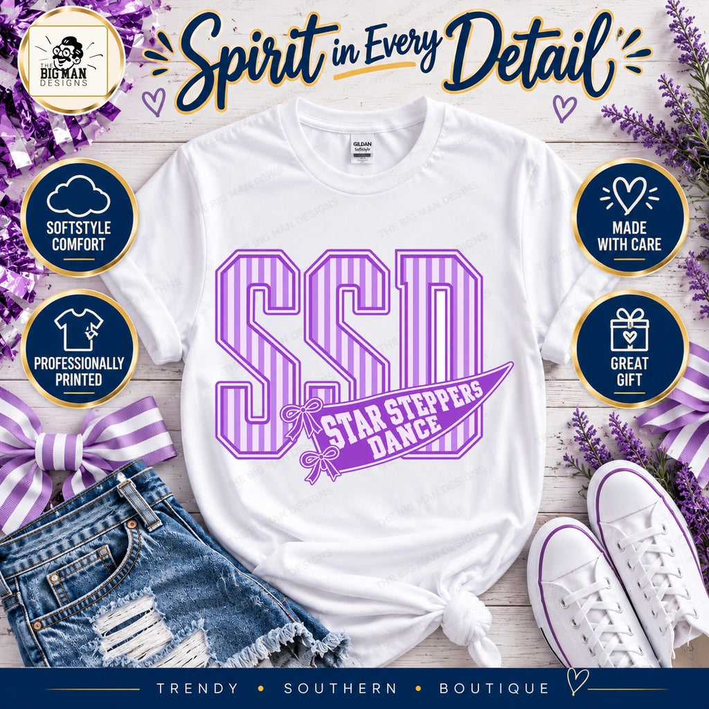 Purple varsity pennant tee with comfort, professional printing, care and gift benefit badges