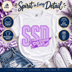 Purple varsity pennant tee with comfort, professional printing, care and gift benefit badges