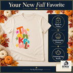Thankful colorful letters Thanksgiving design. Natural T-shirt with made-to-order and professional-printing benefit badges. The Big Man Designs.