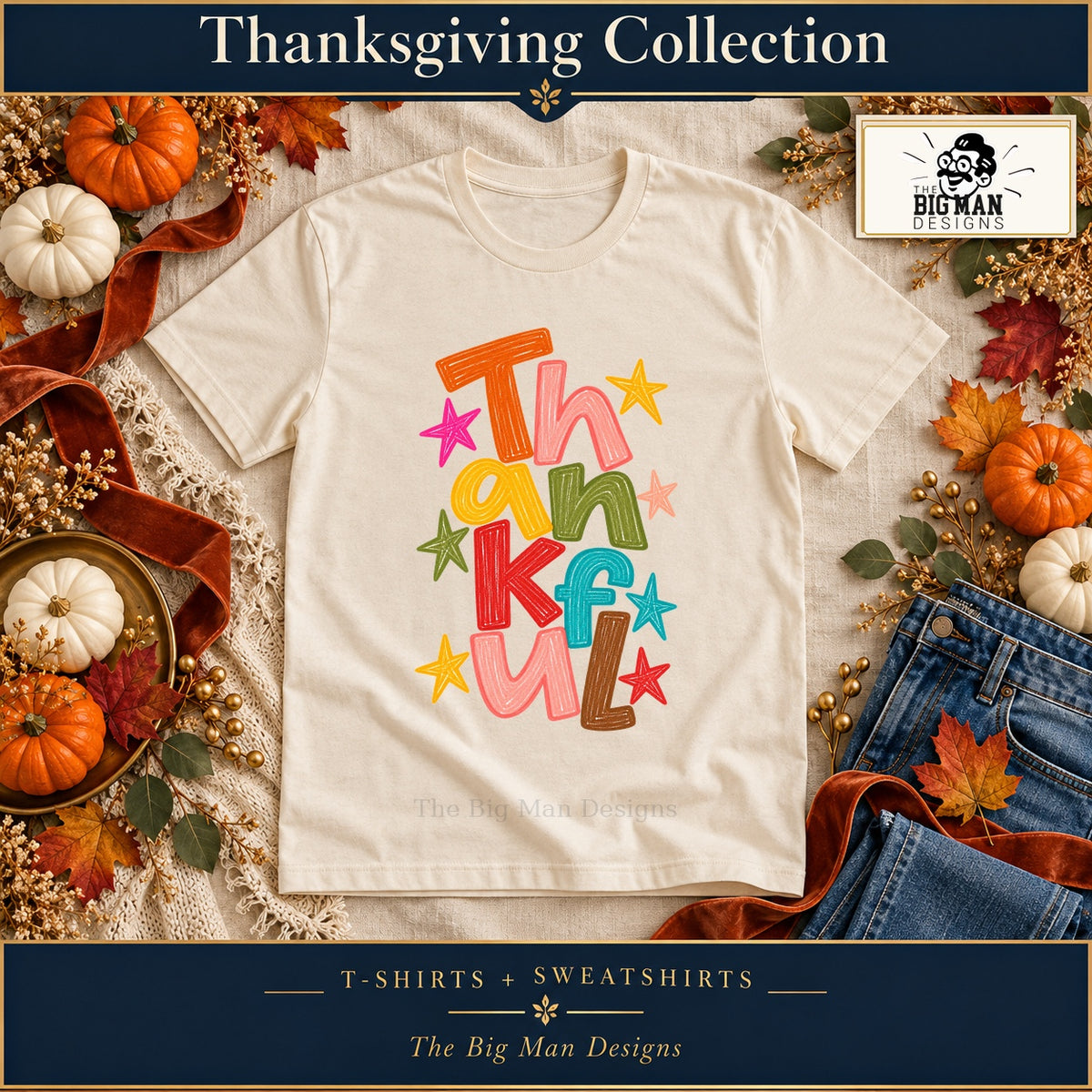 Colorful Thankful Thanksgiving Shirt & Sweatshirt on a Natural T-shirt, autumn boutique styling with The Big Man Designs branding