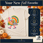 Colorful Turkey Pink Boots Thanksgiving design. Natural T-shirt with made-to-order and professional-printing benefit badges. The Big Man Designs.