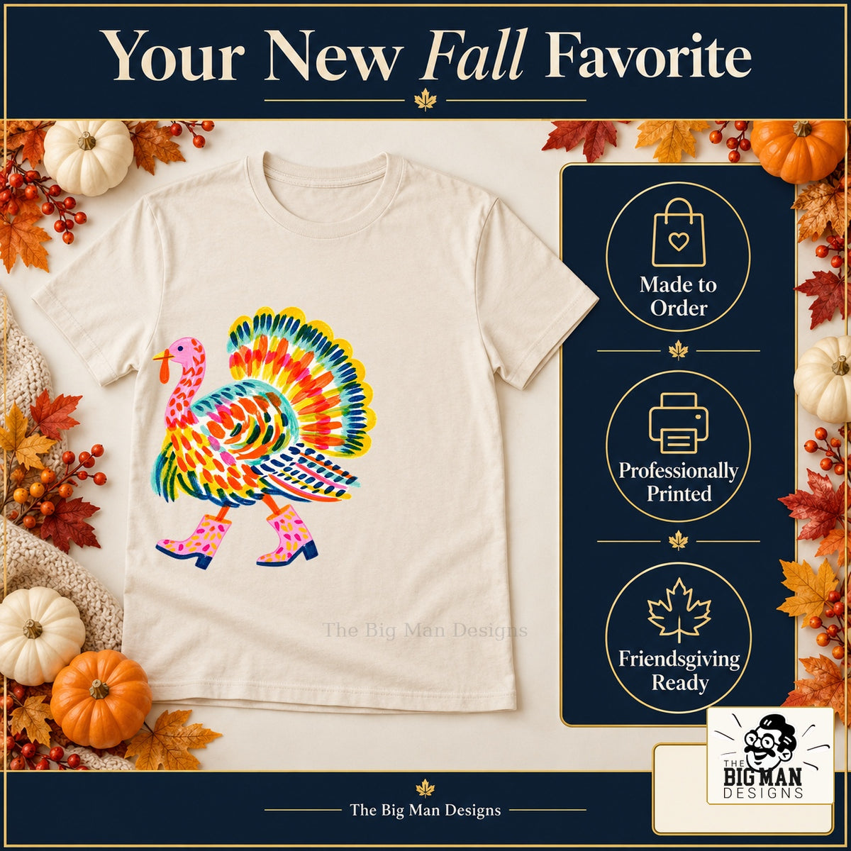 Colorful Turkey Pink Boots Thanksgiving design. Natural T-shirt with made-to-order and professional-printing benefit badges. The Big Man Designs.