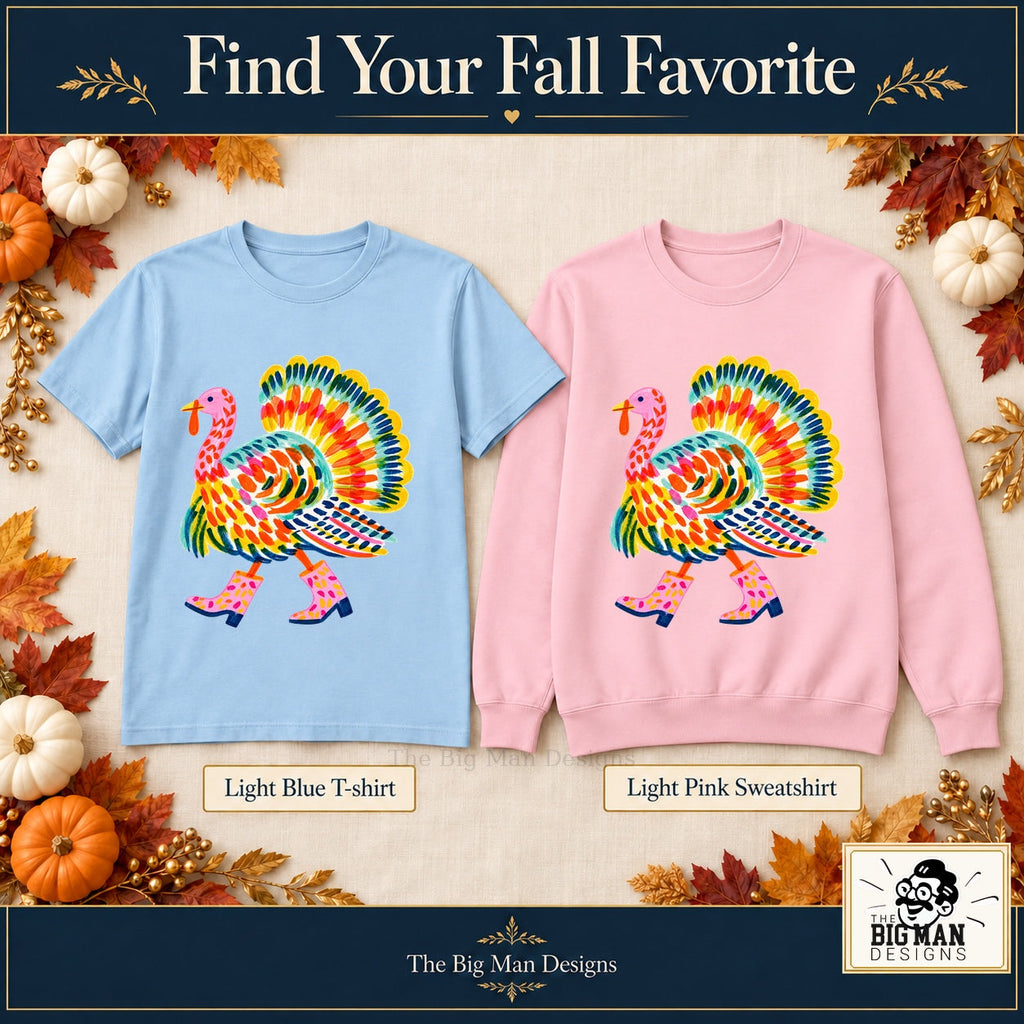 Colorful Turkey Pink Boots front design on a Light Blue T-shirt and Light Pink sweatshirt, The Big Man Designs branded color mockup