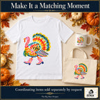 Colorful Turkey Pink Boots Thanksgiving design. White T-shirt, mug and tote with coordinating artwork, accessories sold separately by request. The Big Man Designs.