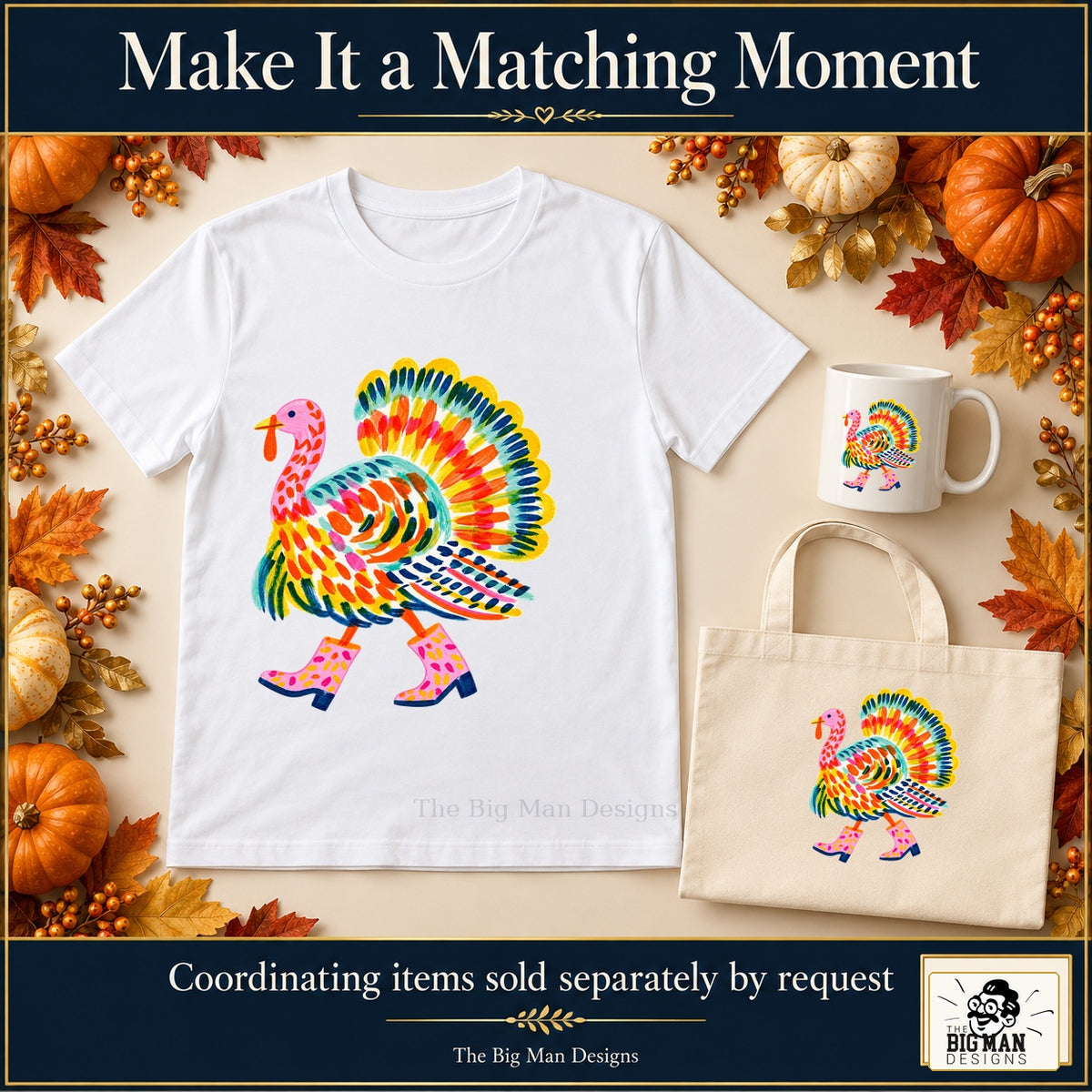 Colorful Turkey Pink Boots Thanksgiving design. White T-shirt, mug and tote with coordinating artwork, accessories sold separately by request. The Big Man Designs.