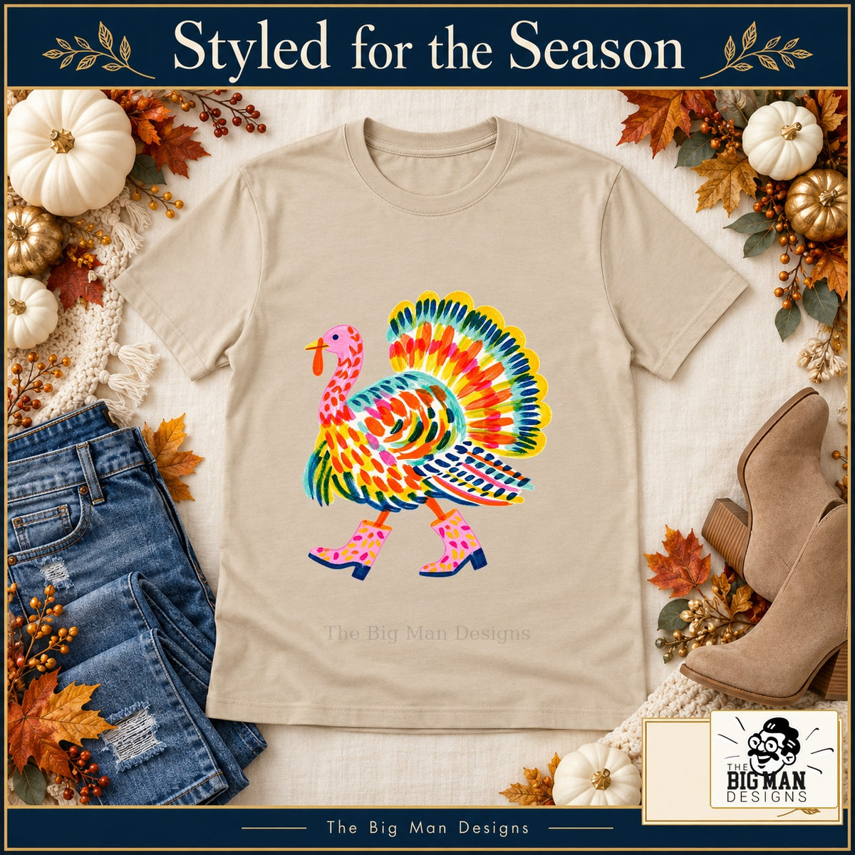 Colorful Turkey Pink Boots Thanksgiving design. Natural T-shirt styled with fall boutique accessories. The Big Man Designs.