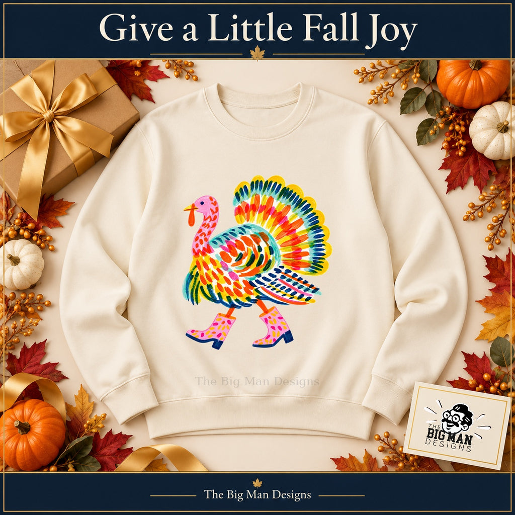 Colorful Turkey Pink Boots Thanksgiving design. Natural sweatshirt styled as a Thanksgiving gift. The Big Man Designs.